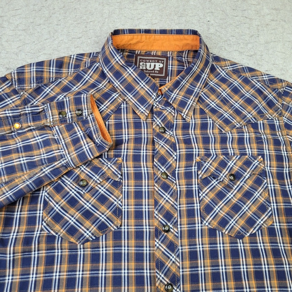 Cowboy Up Tailored Fit Pearl Snap‎ Shirt Mens XL Blue Plaid Long Sleeve Western